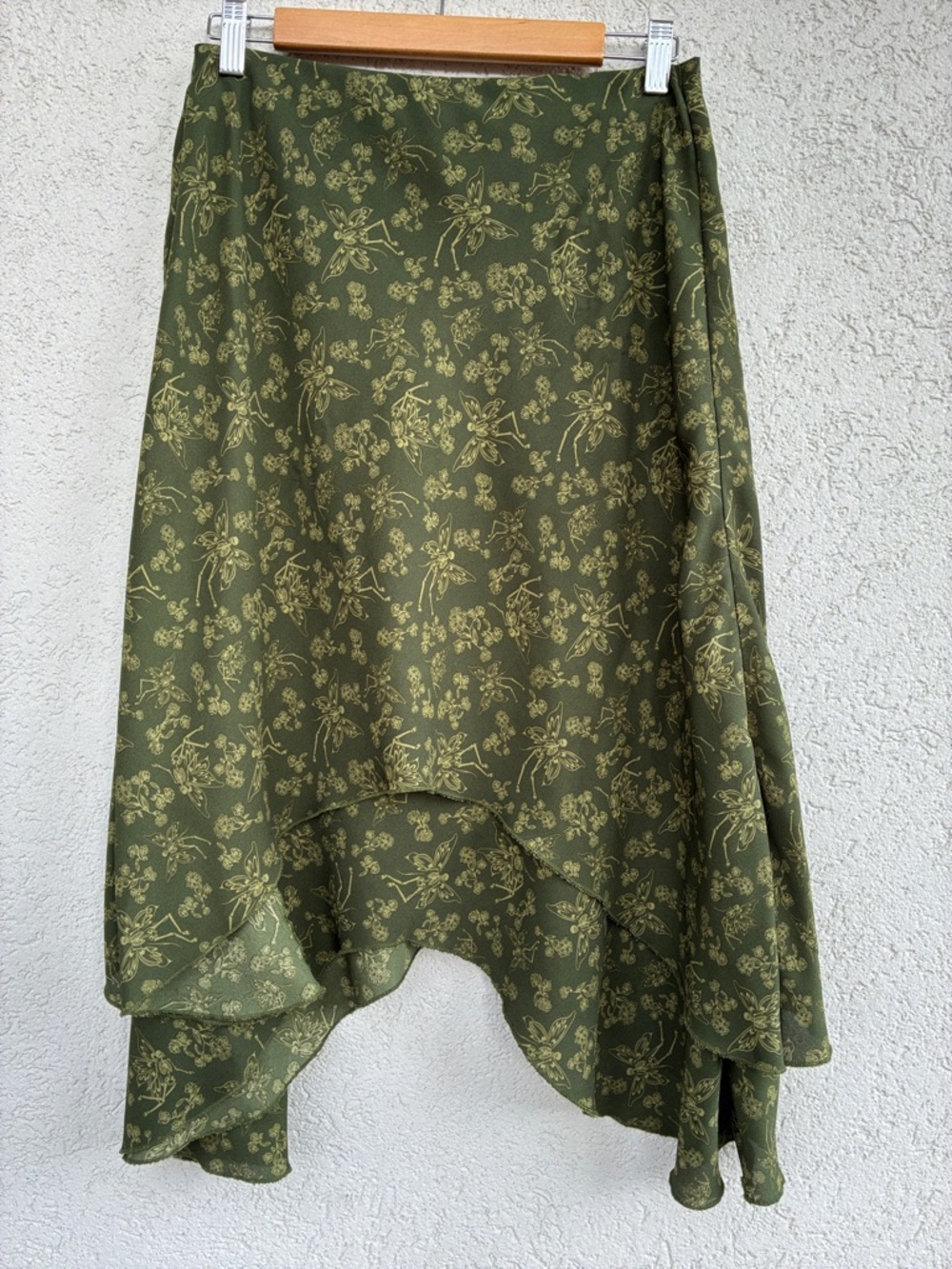 Thorn & Fable Olive Green Asymmetrical Skirt with winged skeletons & flowers - Picture 2 of 8